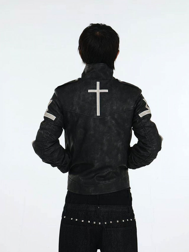 Genderless Punk Black Double-Breasted Decorative Faux Leather Jacket with Cross Pattern - DETW OnLine