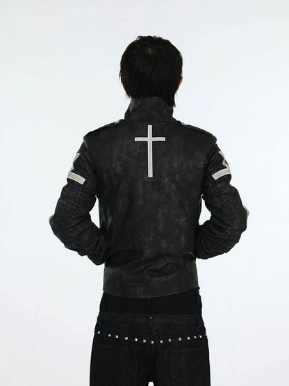 Genderless Punk Black Double-Breasted Decorative Faux Leather Jacket with Cross Pattern - DETW OnLine