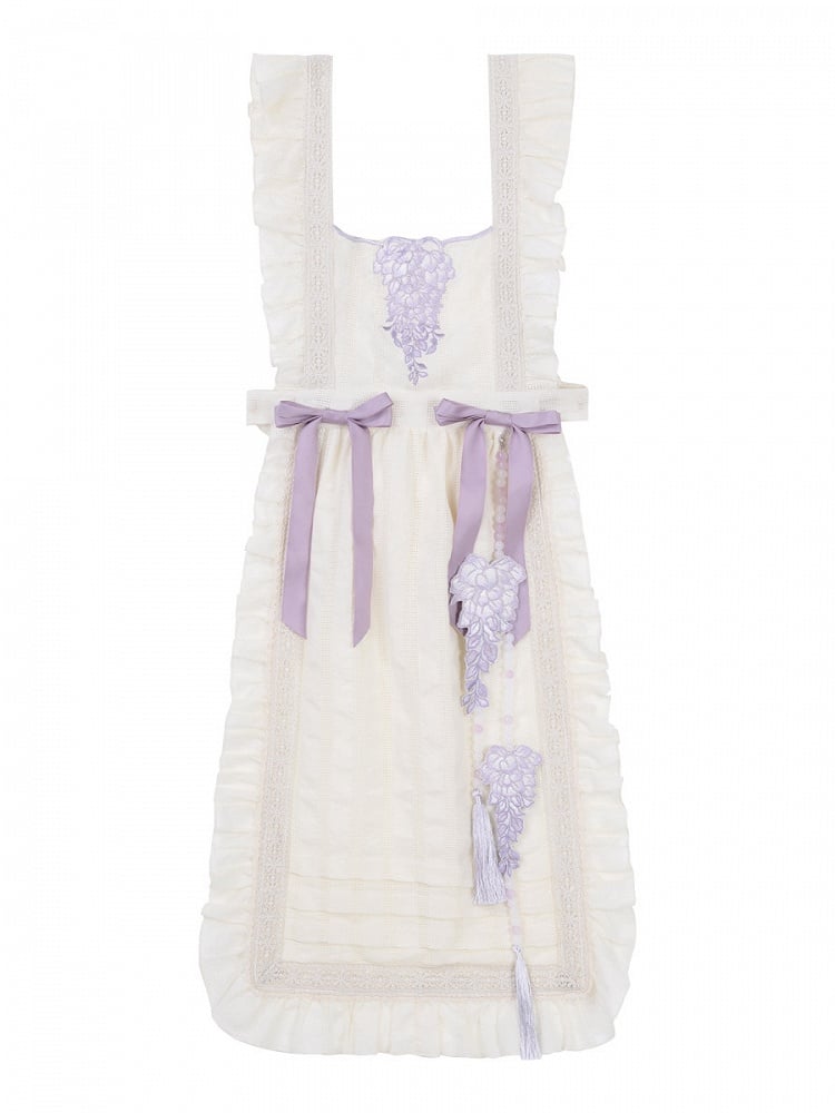 Beige Print Charm Dress Tassel Lolita Han Apron Floral Wisteria Purple + Beaded with