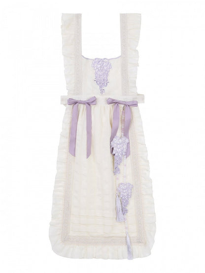 Beige Print Charm Dress Tassel Lolita Han Apron Floral Wisteria Purple + Beaded with