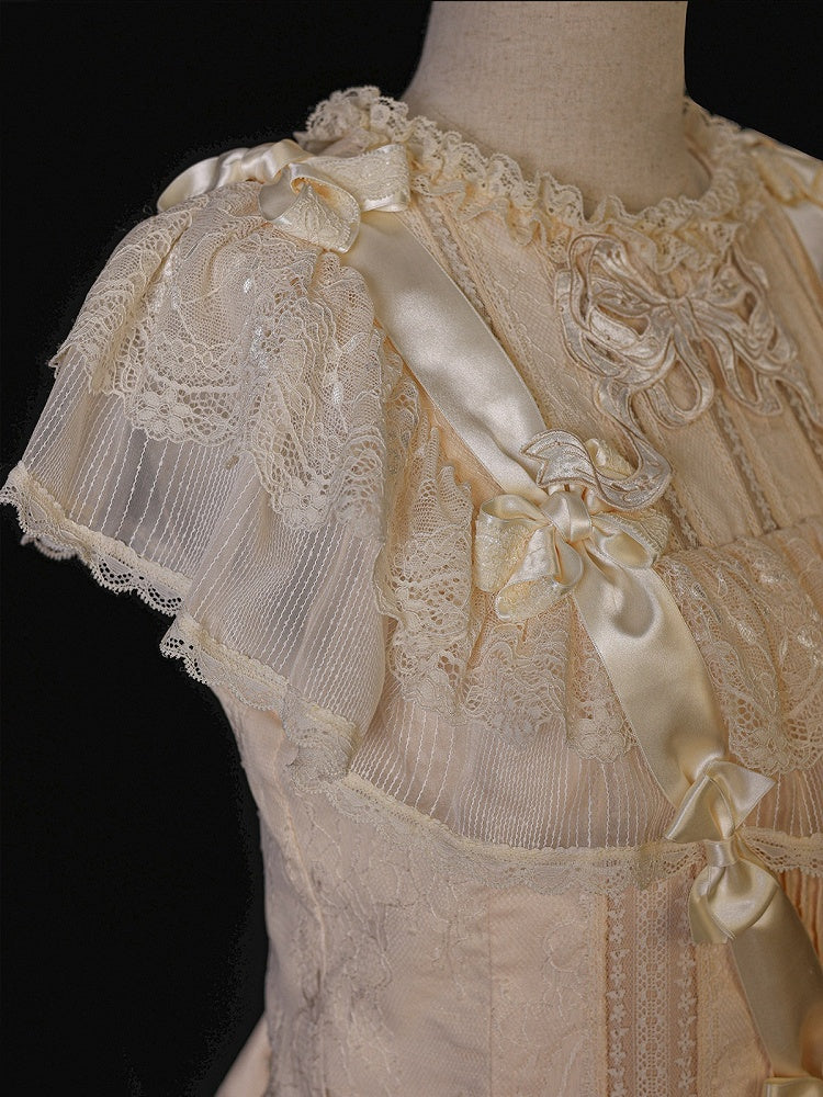 Retro Beige Lolita Lace Gown with Satin Ribbon Accents - Twin Bear Original Design