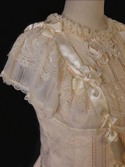 Retro Beige Lolita Lace Gown with Satin Ribbon Accents - Twin Bear Original Design
