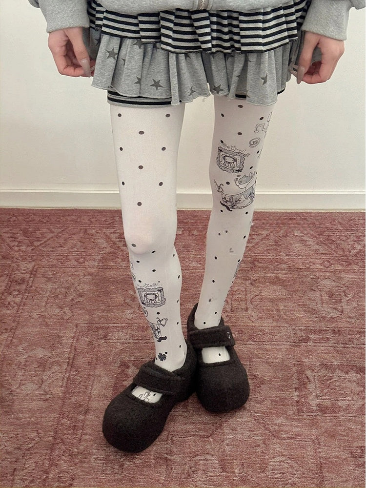 Tights Cute Polka Dot Cat Pattern Opaque