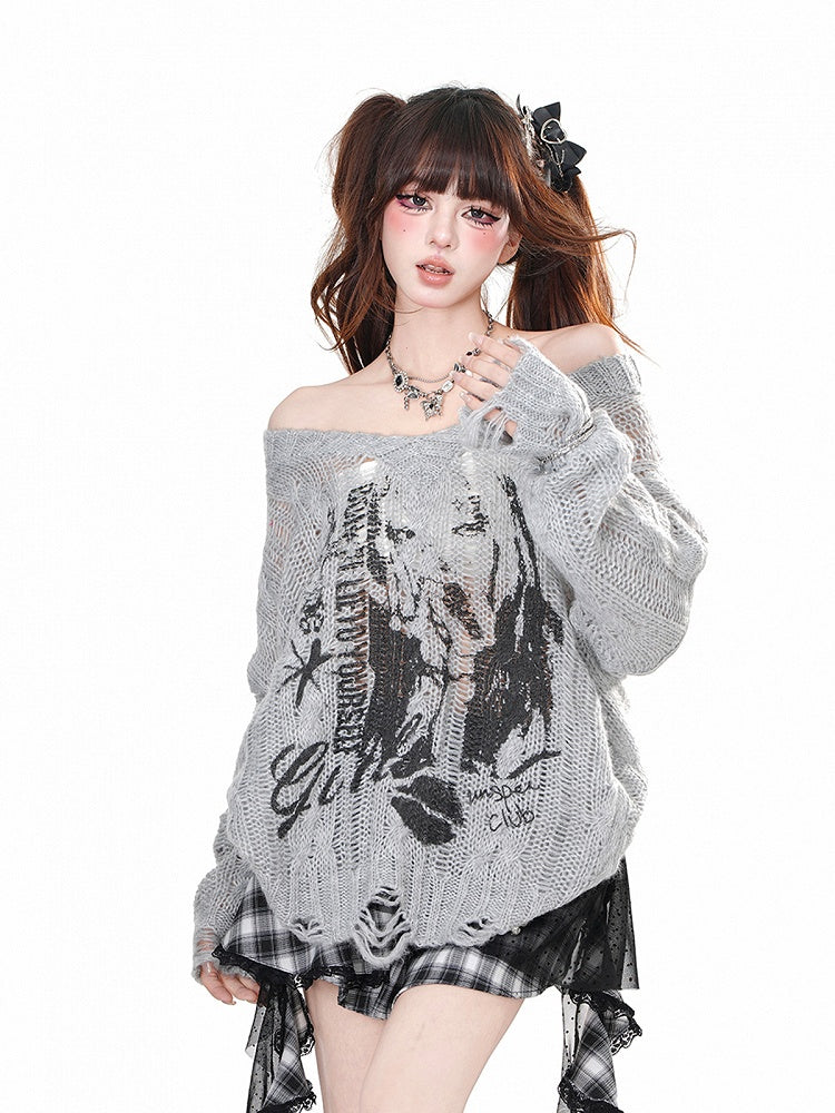 ホワイト/グレーのオフショルダーネックライン、ダメージ加工の穴あきグラフィックニットトップス