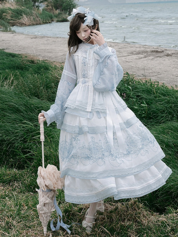 Layered Blue & White Lace Tencel Skirt with Floral Print - Yimu Walnut