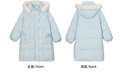 ブルーのキュートなラムアップリケの蝶結びディテールフード付きダウンコートロングバージョン