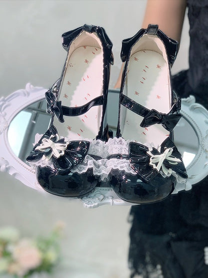 Cherry Blossom Round Toe Black Lolita Shoes with Lace & Bow - Hazelnut Bear