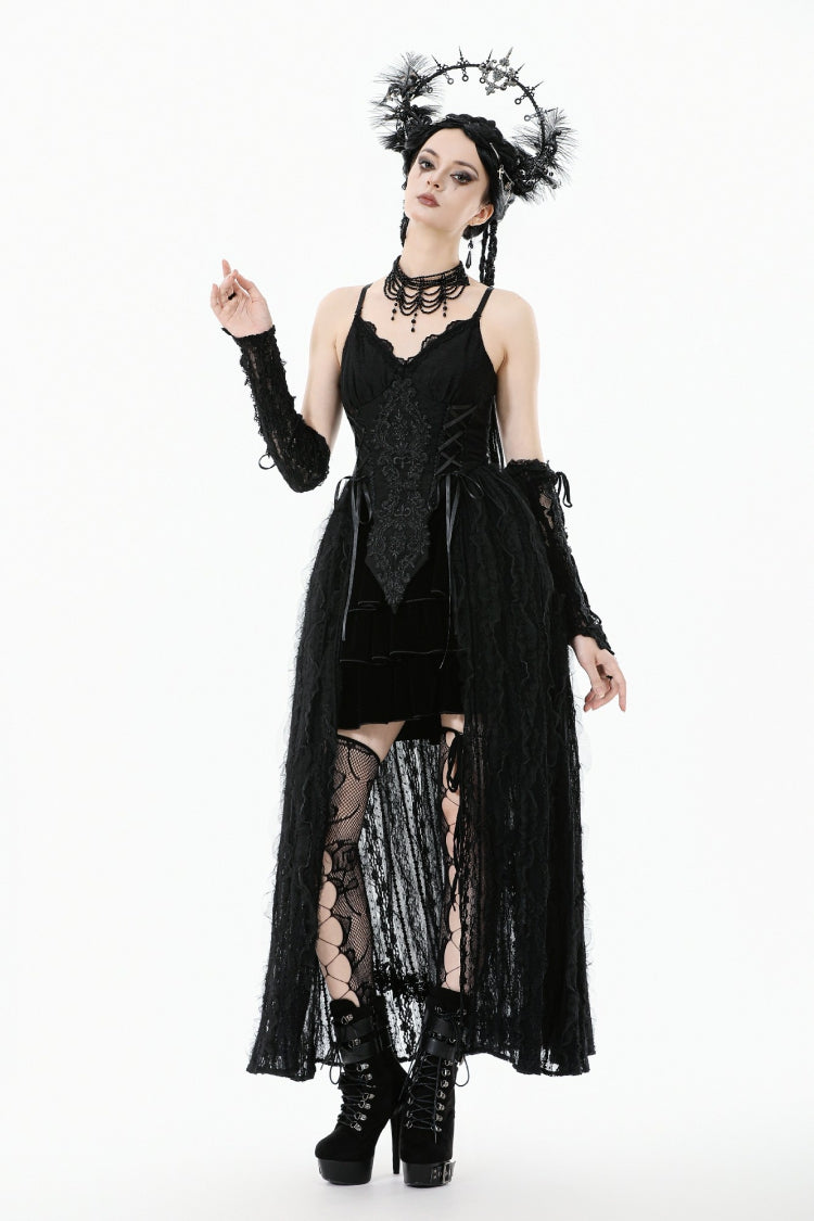 Black Floral Embroidered Lace Slip Dress Gothic Sleeveless