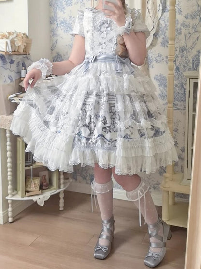 White Layered Lace Lolita Overlay with Blue Bowknots - Meng Fu Zi