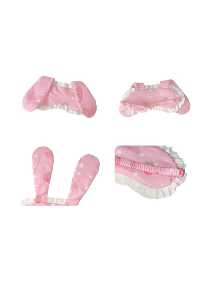 Masque à volants rose et blanc imprimé lapin fraise avec œil et oreille
