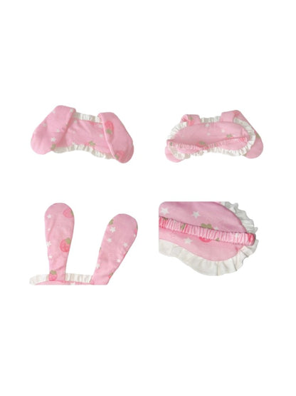 Masque à volants rose et blanc imprimé lapin fraise avec œil et oreille