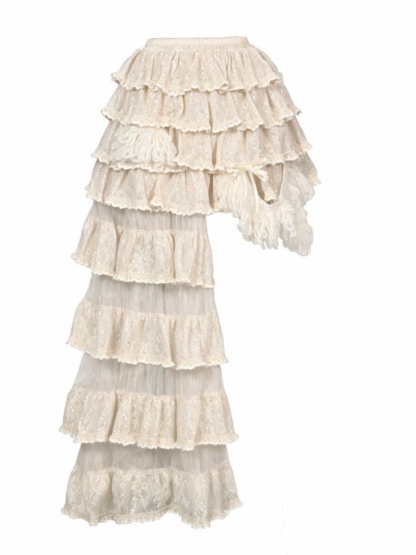 Jupe asymétrique en dentelle à volants et sequins, crème abricot