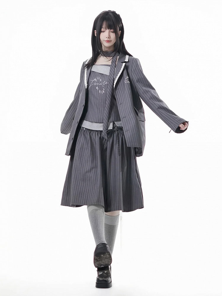 Gray Silhouette | Skirt Partial Button-Up Front Striped A-Line Preppy