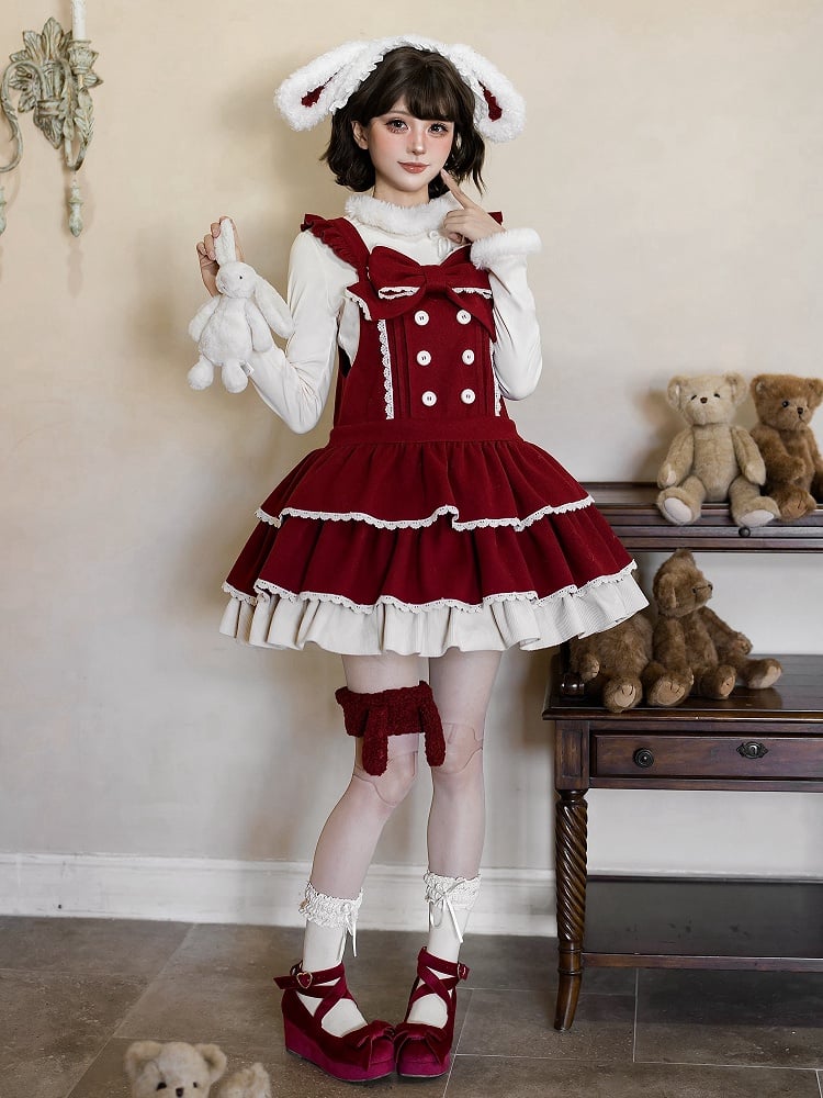 and Overall Sweet Lolita Bow Dress Straps Tiered Red Waist Dropped with Hem Ruffle