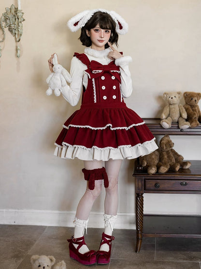and Overall Sweet Lolita Bow Dress Straps Tiered Red Waist Dropped with Hem Ruffle