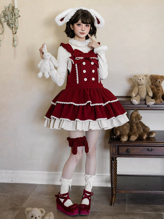 Sweet Winter Lolita Tiered Overall Dress in Red with Bunny Ear Hairband - With PUJI