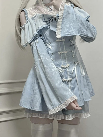 ショートパンツ、蝶ネクタイ、チャイナドレス、ライト、ネックライン、ケイスタイルセット - ジライイリュージョンミニドレス、ブルー、ベルスリーブ