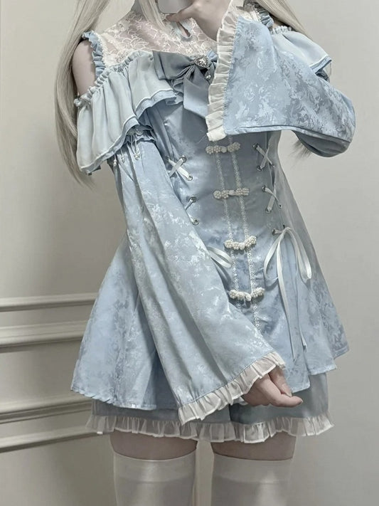 ショートパンツ、蝶ネクタイ、チャイナドレス、ライト、ネックライン、ケイスタイルセット - ジライイリュージョンミニドレス、ブルー、ベルスリーブ