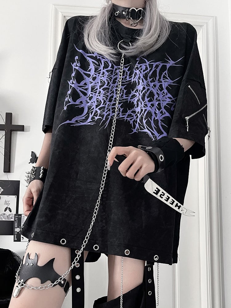 T-Shirtwith Gothic Loose ChainPurple Black Detachable Thorn Print