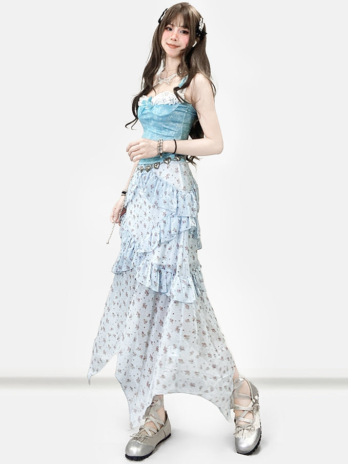 Top Holiday Trim Floral Bowknot + Details Cami Ruffles Blue