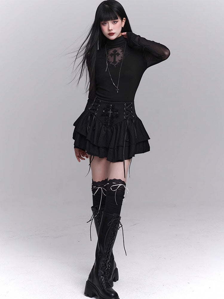 Sleeves Black Mock Neck Coffin-shaped Cutout Cross Applique Mesh
