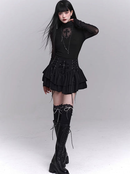 Sleeves Black Mock Neck Coffin-shaped Cutout Cross Applique Mesh