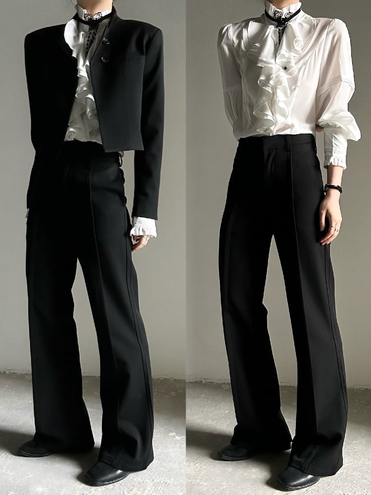 Ouji Lolita Black Straight-Leg Pants with Elastic Back Waist & Subtle Flare