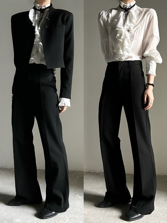 Ouji Lolita Black Straight-Leg Pants with Elastic Back Waist & Subtle Flare