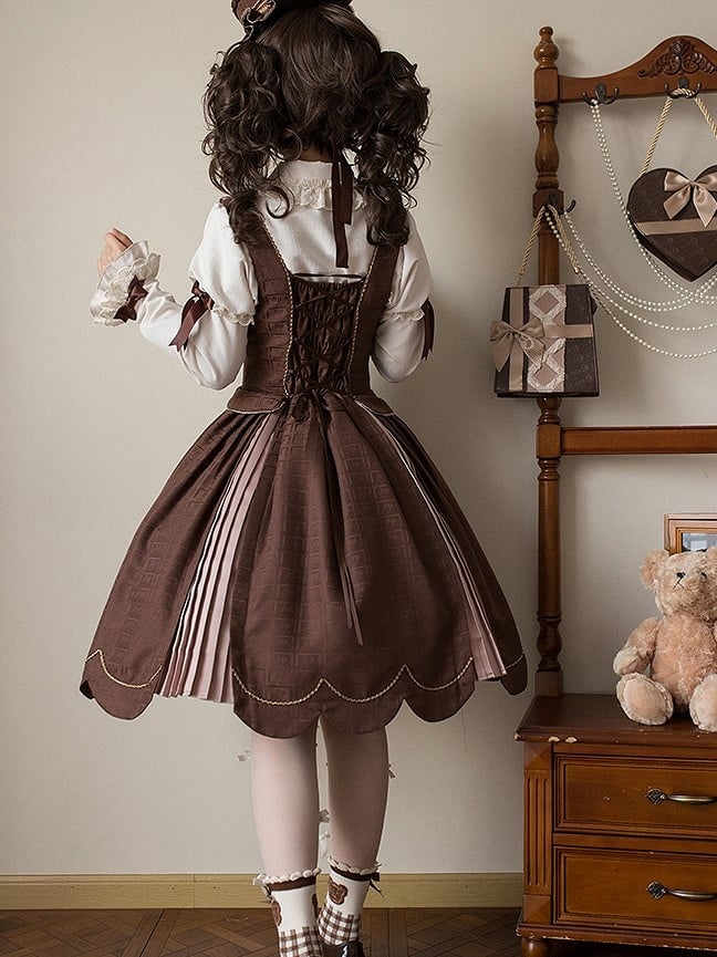 Scoop Scalloped with Dress Chocolate Lolita Edge Sweet Hem Neckline Brown