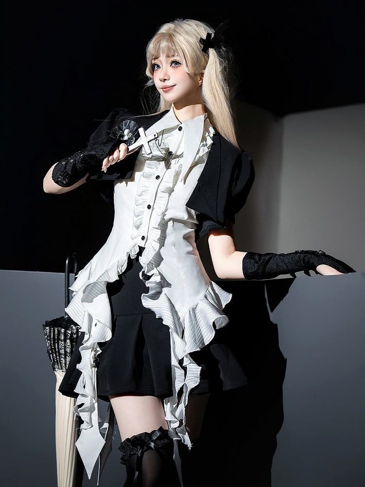 Kurzes und Gothic-Shirt, ärmellos, weiß, Lolita-Set, schwarz, voll – Top, Rock +