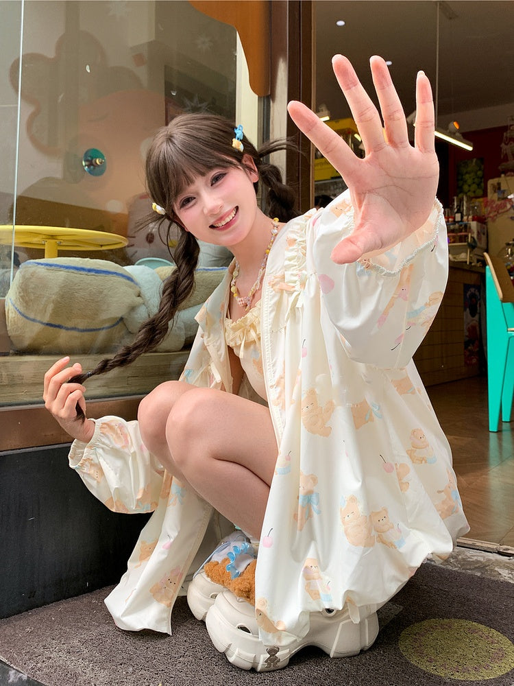 Jacke Hellgelb Niedlicher Bärendruck Sonnenschutz Mit Kapuze