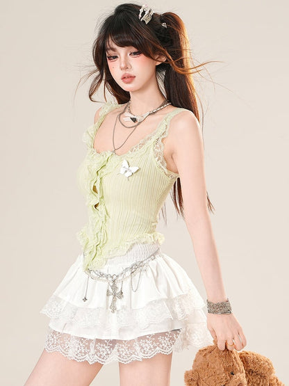 レースとトップトリムで飾られた魅力的なキャミソールフリルグリーン/ホワイトバタフライ