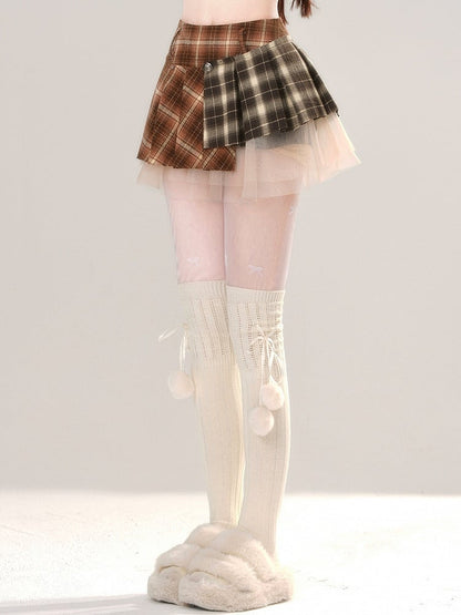 パッチワークデザイン ミニプリーツスカート メッシュ ブラウン チェック柄