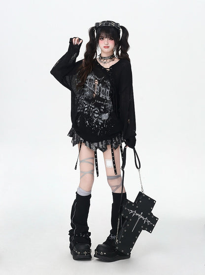 Distressed Holes Lace-up Neckline Ink-jet Print Black/Apricot