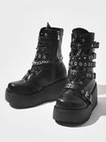 with Matte Gothic Platform Boots - Details Mid-Calf Black Charm Closure Buckle Lace-Up Cross and Chain