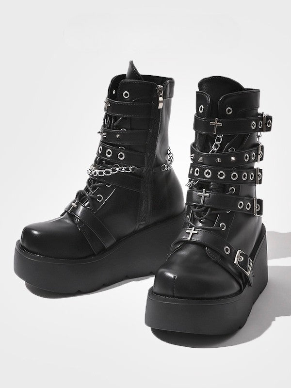 with Matte Gothic Platform Boots - Details Mid-Calf Black Charm Closure Buckle Lace-Up Cross and Chain