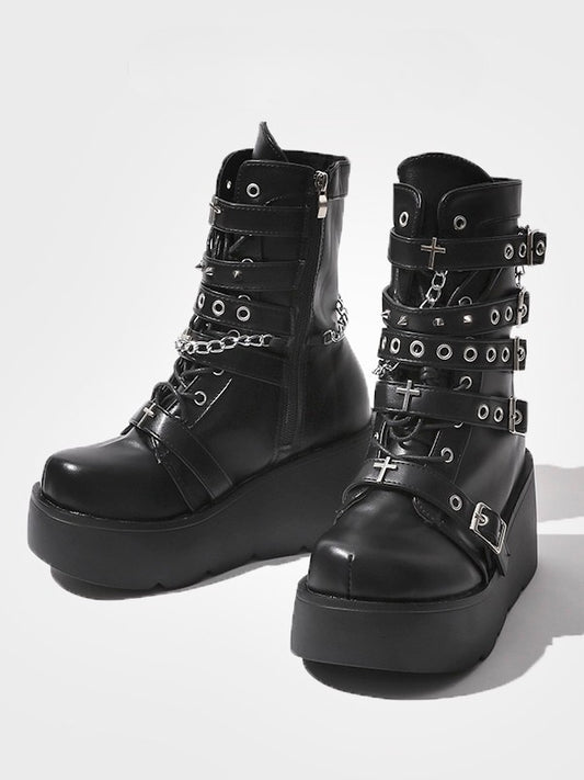 with Matte Gothic Platform Boots - Details Mid-Calf Black Charm Closure Buckle Lace-Up Cross and Chain