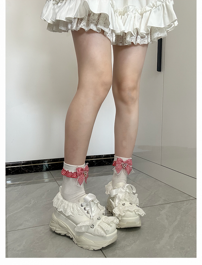 Kei Lolita White Plaid Bowknot with Sweet Ankle/Mid-Calf Socks Jirai Red Style