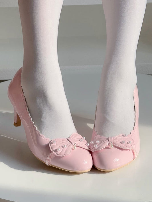 with Mid-heel Beadwork Scalloped in Bow Hem Elegant Details Pink Shoes Shell Lolita