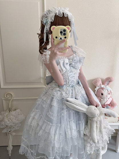 Hanayome-Style Lace Blue Dress Bows Details Multi-Layer Rhinestone Elegant JSK with Lolita