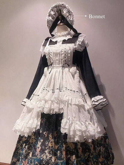 White Bell Bonnet Black Han Floral Apron Horse-face Sleeves Print Top Lolita + Skirt Set