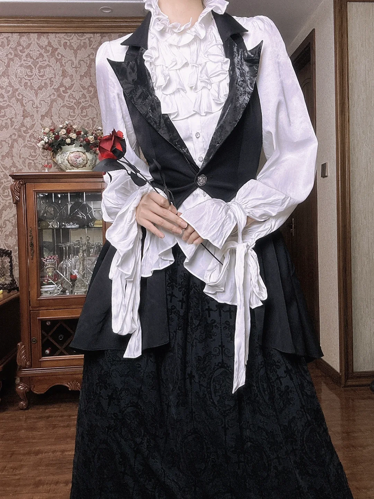 Lolita Shirt Komplett Schwarz und Weiß Gothic Rock Weste Set Lange Ärmel Elegant + -