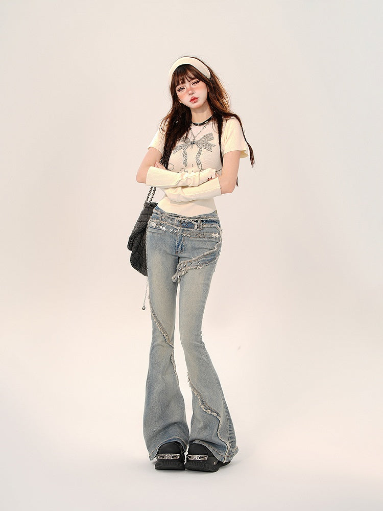 Blue Flare Jeans with Frayed Hem and Built-in Belt