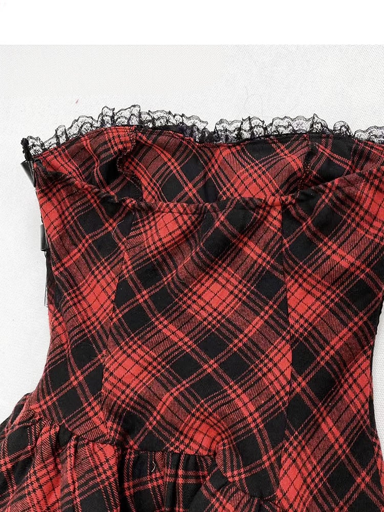 Red Plaid Handkerchief Hem Buckle Straps Strapless Glamorous Punk Dress
