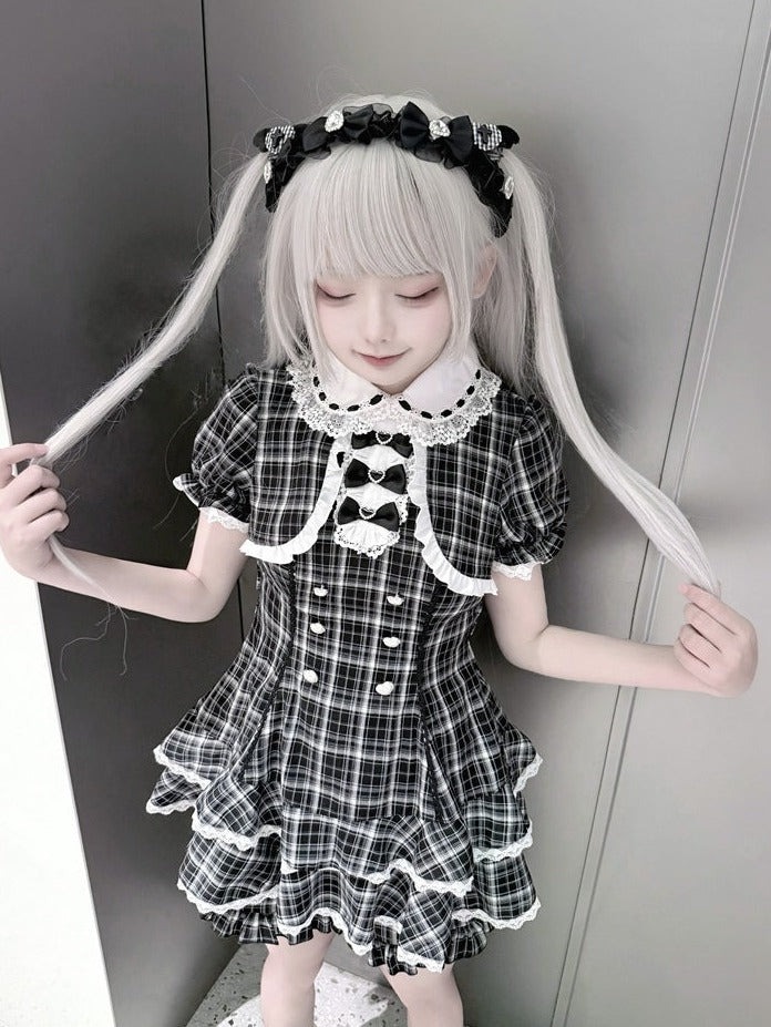 Black White Jirai Kei Plaid Fake Two-Piece Dress with Shorts Set - Puppet Bombs