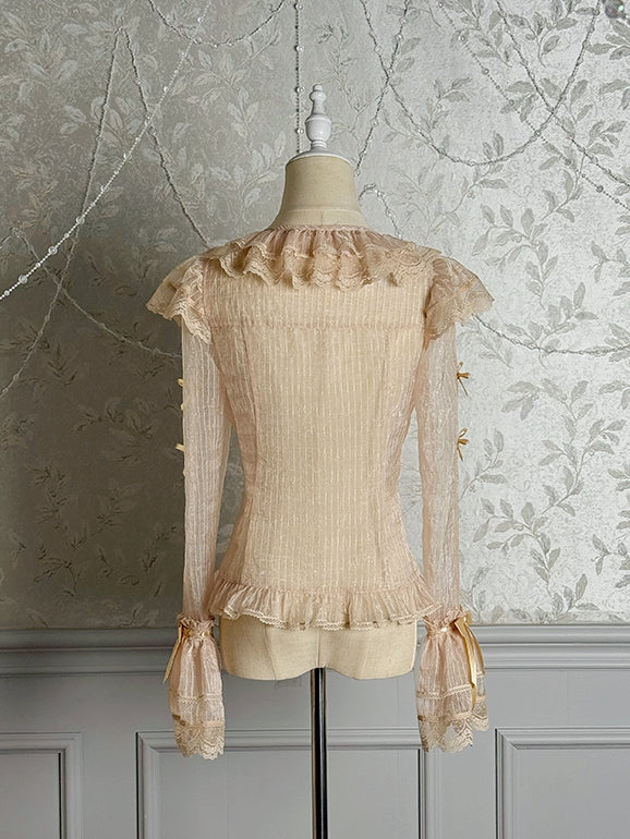 Champagnerbluse mit halbtransparenten Ärmeln und langen Schleifen