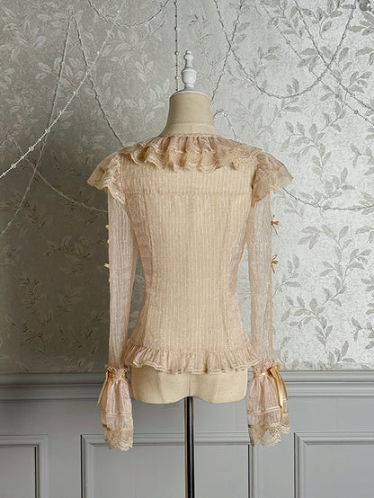 Semi-sheer Sleeves Long Bowknots Champagne Blouse