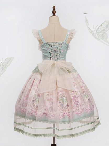 JSK Moth and with Green Pink Overlay Print Floral Dress Lolita Elegant