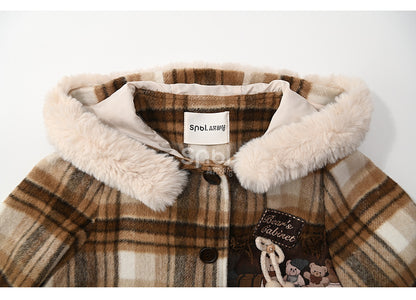 Brauner Wollmantel mit süßer Bären-Applikation und kariertem Kapuze, kurze Version