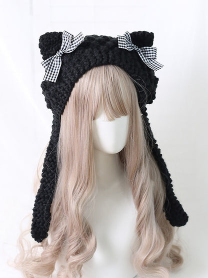 Cute 5 Bowknot Plaid Ear Kitty Hat With Colors Lolita Decoration Knitted